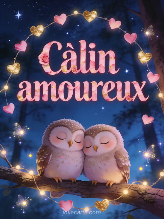 Deux hiboux blottis sur une branche sous un ciel étoilé avec petits cœurs rose et doré en guirlande lumineuse et lucioles et le texte Câlin amoureux