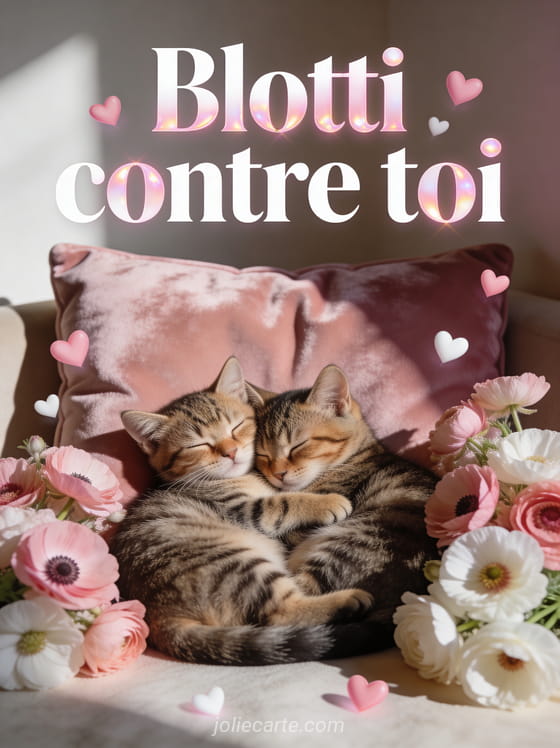 Deux chats tabby endormis enlacés sur un coussin de velours rose entouré d'anémones roses et blanches avec petits cœurs et le texte Câlin tendresse