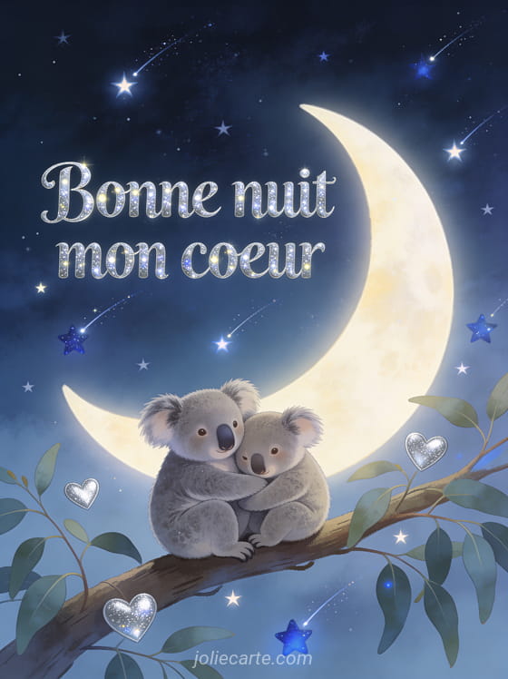Deux koalas blottis sur une branche d'eucalyptus sous un ciel étoilé avec petits cœurs argentés et croissant de lune et le texte Câlin bonne nuit