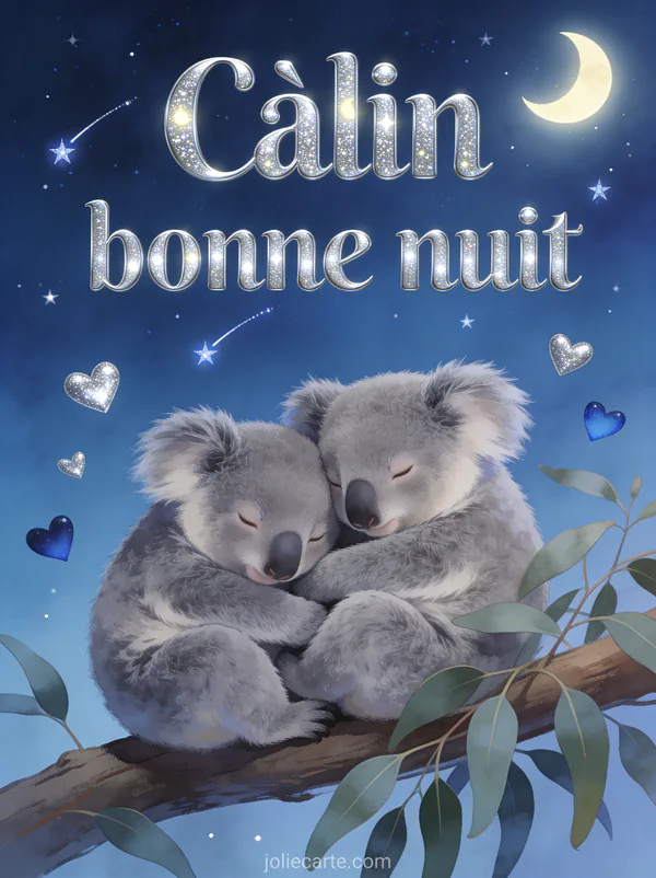 Deux koalas blottis sur une branche d'eucalyptus sous un ciel étoilé avec petits cœurs argentés et croissant de lune et le texte Câlin bonne nuit