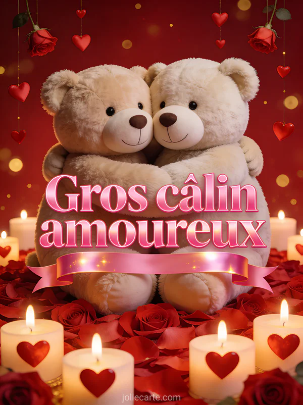 Deux ours en peluche géants s'enlaçant sur un lit de pétales de rose avec bougies en forme de cœur et petits cœurs tombants et le texte Gros câlin amoureux