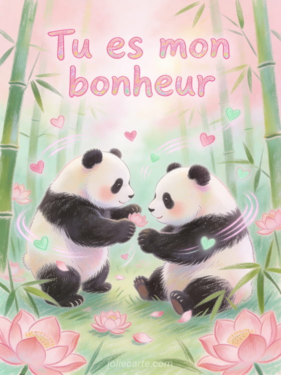 Deux pandas géants se câlinant dans un champ de bambous avec fleurs de lotus roses et petits cœurs rose et vert menthe et le texte Câlin amoureux