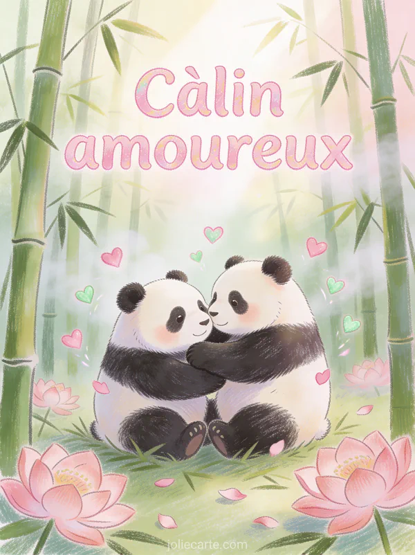 Deux pandas géants se câlinant dans un champ de bambous avec fleurs de lotus roses et petits cœurs rose et vert menthe et le texte Câlin amoureux