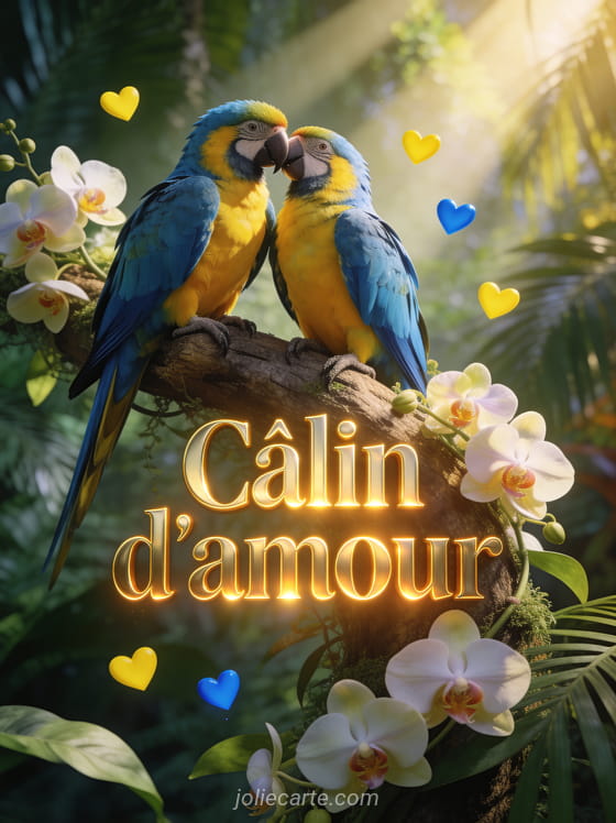 Deux perroquets ara bleus et jaunes se becquetant sur un tronc tropical décoré d'orchidées avec petits cœurs et jungle luxuriante et le texte Câlin d'amour