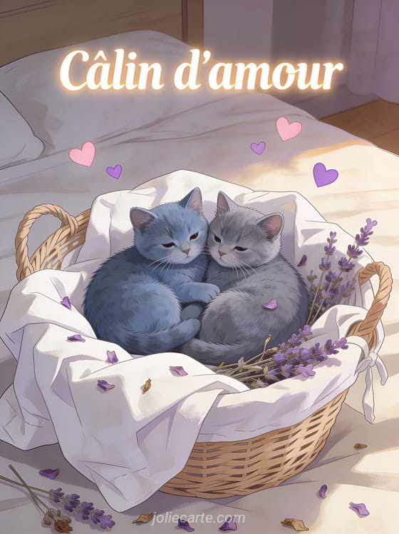 Deux chatons chartreux gris-bleu blottis dans un panier avec draps blancs et lavande séchée et petits cœurs rose et lavande et le texte Câlin d'amour
