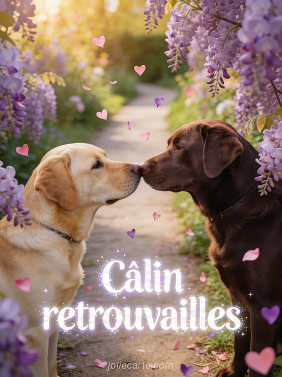 Deux labradors doré et chocolat se retrouvant nez contre nez sur un chemin bordé de lilas avec petits cœurs et lumière dorée et le texte Câlin retrouvailles