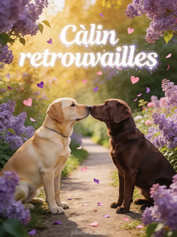 Deux labradors doré et chocolat se retrouvant nez contre nez sur un chemin bordé de lilas avec petits cœurs et lumière dorée et le texte Câlin retrouvailles