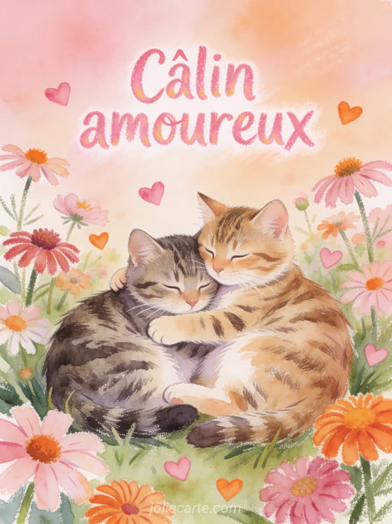 Deux chatons tigrés en aquarelle se câlinant dans un jardin de cosmos et zinnias avec petits cœurs aquarelle et fond dégradé rose et le texte Câlin amoureux