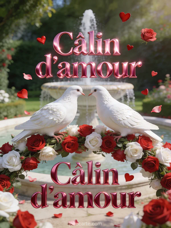 Deux colombes blanches face à face sur une guirlande de roses rouges et blanches avec petits cœurs et jardin romantique avec fontaine et le texte Câlin d'amour