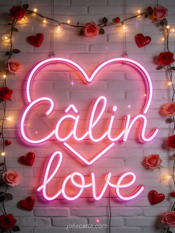 Cœur géant en néon rose sur mur de briques blanches entouré de guirlandes lumineuses et roses avec petits cœurs scintillants et le texte Câlin love
