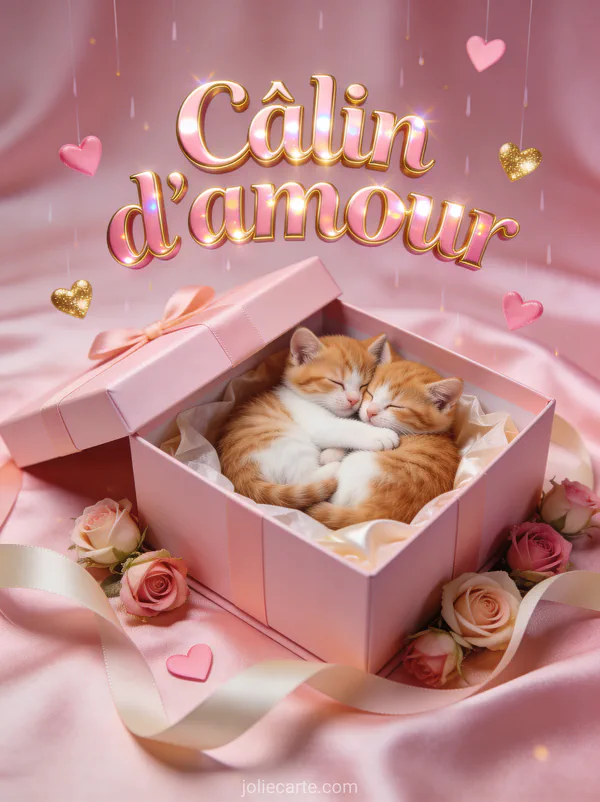 Deux chatons roux et blanc enlacés dans une boîte cadeau rose ouverte avec roses miniatures et rubans et petits cœurs rose et doré et le texte Câlin d'amour