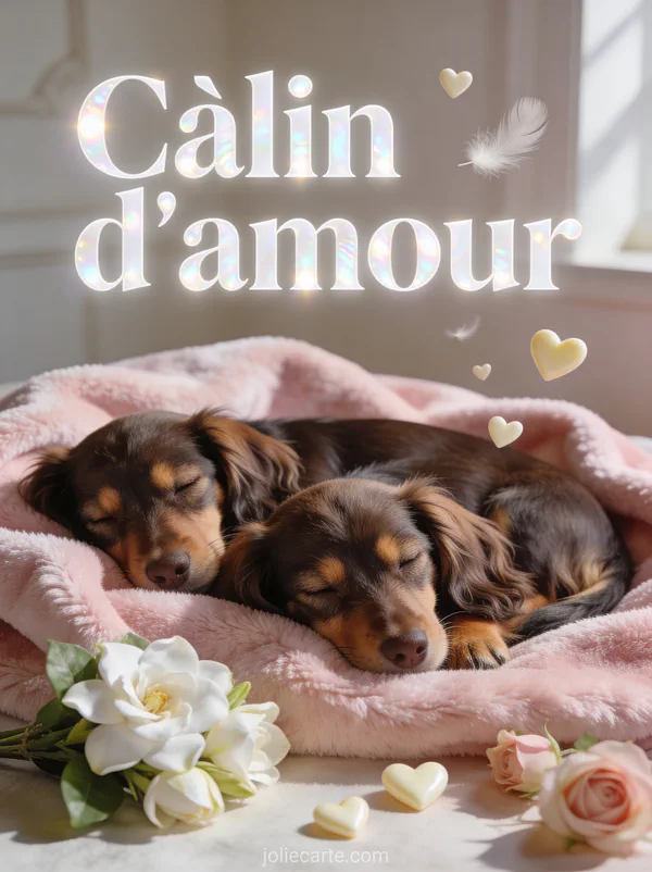 Deux chiots teckel à poil long endormis sur un plaid cachemire rose avec gardénias blancs et petits cœurs crème et roses et le texte Câlin d'amour