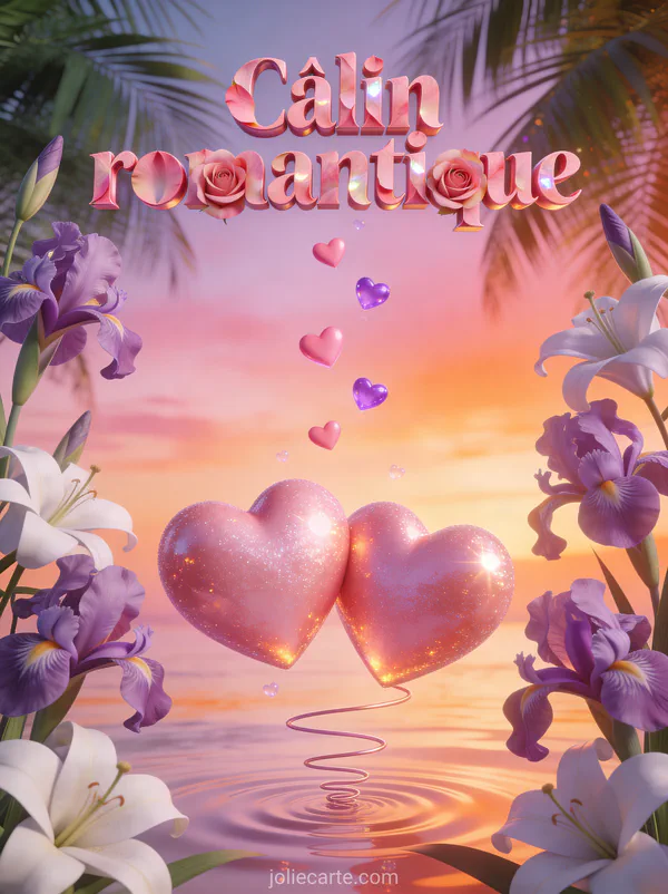 Deux flamants roses formant un cœur en illustration 3D entourés d'iris violets et lys blancs avec petits cœurs et coucher de soleil tropical et le texte Câlin romantique