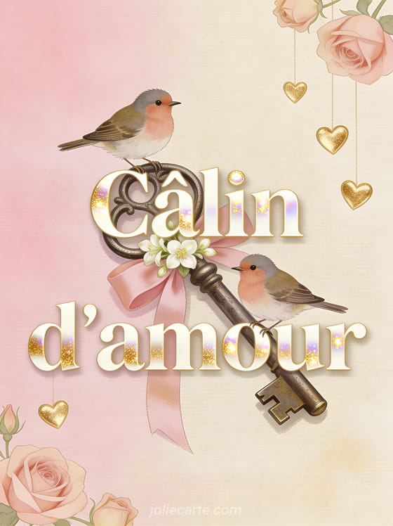 Deux oiseaux roselins sur une clef ancienne ornée de ruban rose et jasmin avec petits cœurs dorés et roses sur fond vintage et le texte Câlin d'amour
