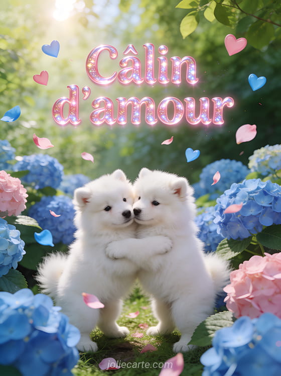 Deux chiots samoyède blancs se câlinant dans un jardin d'hortensias bleus et roses avec pétales et petits cœurs pastel et le texte Câlin d'amour