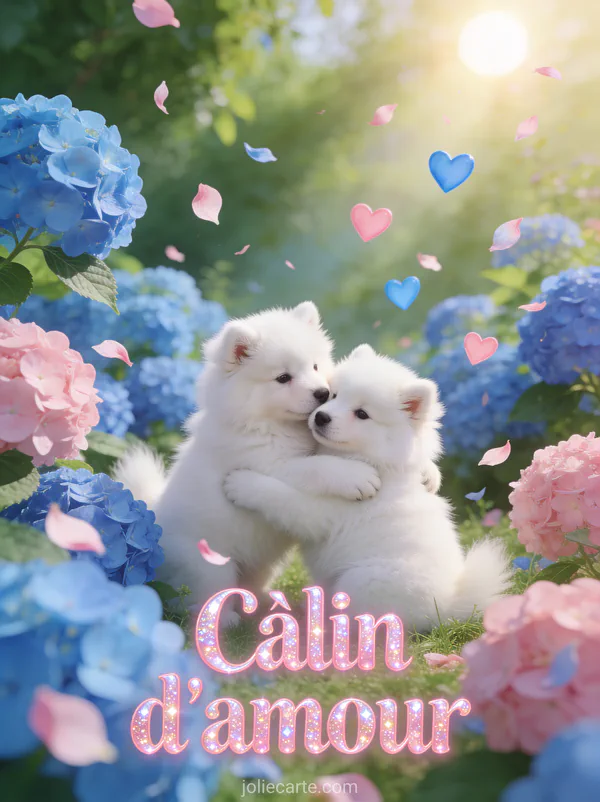 Deux chiots samoyède blancs se câlinant dans un jardin d'hortensias bleus et roses avec pétales et petits cœurs pastel et le texte Câlin d'amour