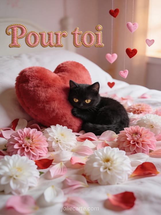 Chat noir aux yeux dorés blotti contre un cœur en peluche rouge sur des pétales de dahlia avec petits cœurs et lumière tamisée et le texte Câlin tendresse