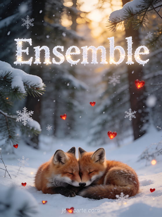 Deux renards roux blottis museau contre museau dans une clairière enneigée avec flocons et petits cœurs rouges et forêt hivernale et le texte Câlin amoureux