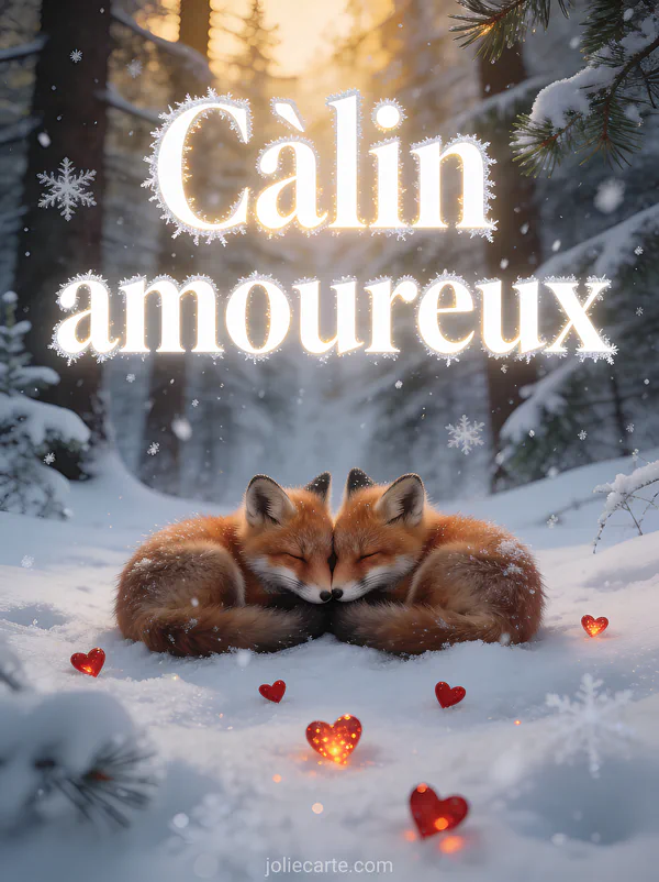Deux renards roux blottis museau contre museau dans une clairière enneigée avec flocons et petits cœurs rouges et forêt hivernale et le texte Câlin amoureux