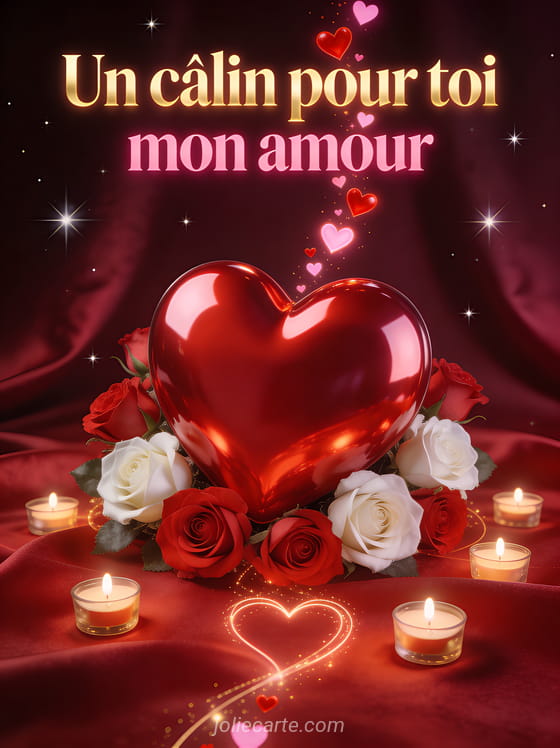 Gros cœur 3D rouge brillant entouré de roses rouges et blanches et bougies votives avec petits cœurs en cascade et le texte Un câlin pour toi mon amour