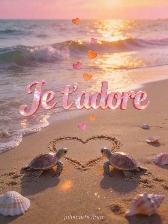 Deux tortues se rapprochant sur une plage au coucher du soleil avec cœur dans le sable et petits cœurs et vagues douces et le texte Câlin d'amour