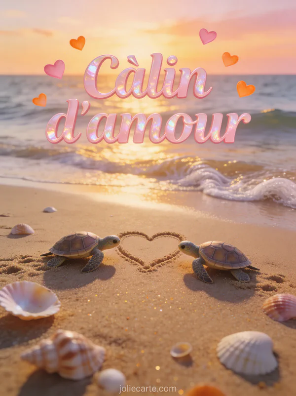 Deux tortues se rapprochant sur une plage au coucher du soleil avec cœur dans le sable et petits cœurs et vagues douces et le texte Câlin d'amour