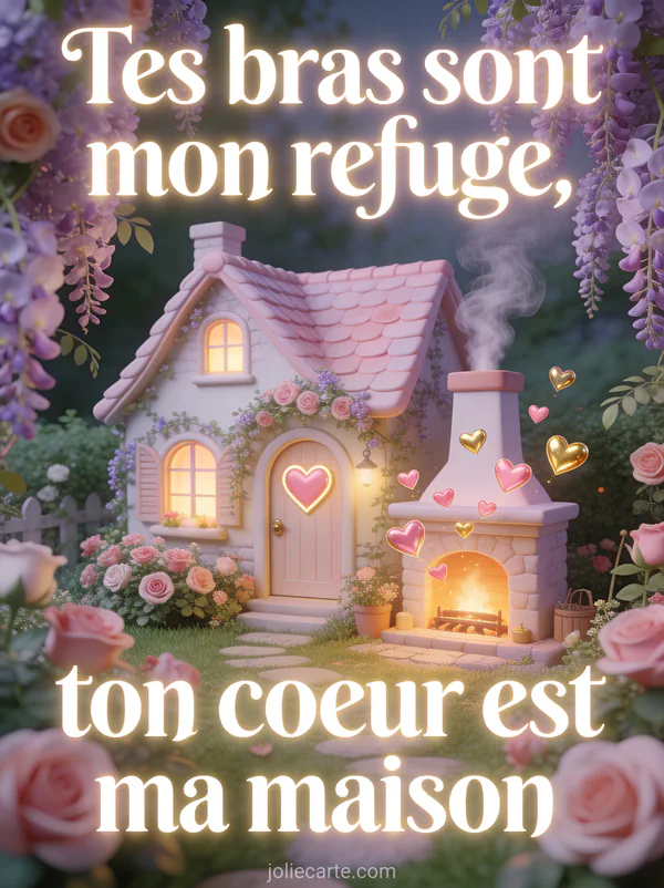 Petit cottage cosy en illustration entouré de roses et glycines avec porte en cœur et petits cœurs roses et dorés et lumière chaude et le texte Tes bras sont mon refuge ton cœur est ma maison