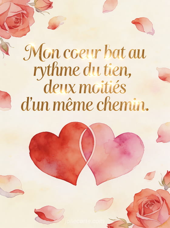 Deux cœurs entrelacés en aquarelle rouge et rose sur fond crème parsemé de pétales avec le texte Mon cœur bat au rythme du tien