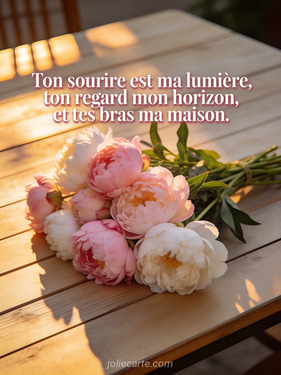 Bouquet de pivoines roses et blanches sur table en bois clair dans une lumière dorée avec le texte Ton sourire est ma lumière