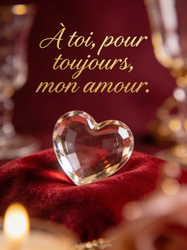 Cœur en verre soufflé translucide posé sur du velours rouge sur fond bordeaux avec le texte À toi pour toujours mon amour