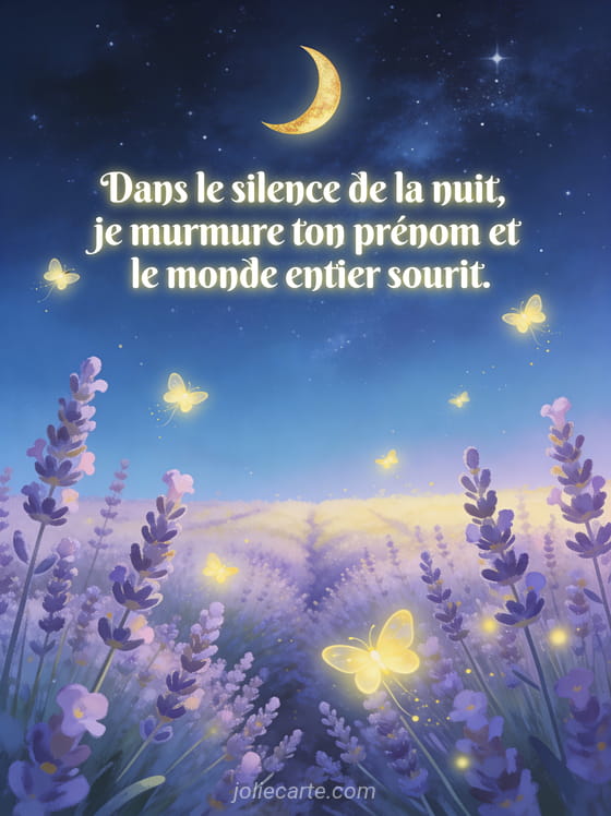 Ciel étoilé avec lune dorée et lucioles flottant au-dessus d'un champ de lavande avec le texte Dans le silence de la nuit
