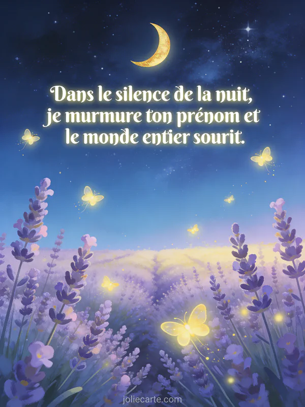Ciel étoilé avec lune dorée et lucioles flottant au-dessus d'un champ de lavande avec le texte Dans le silence de la nuit