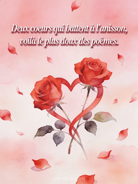 Deux roses rouges entrelacées en forme de cœur sur fond rose poudré avec pétales tombant doucement en aquarelle
