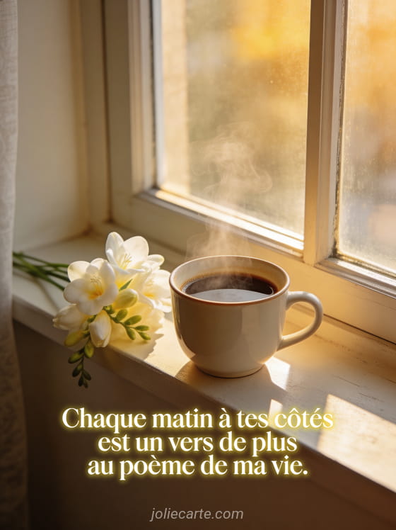 Tasse de café fumante sur un rebord de fenêtre avec lumière dorée du matin et petit bouquet de freesias blancs