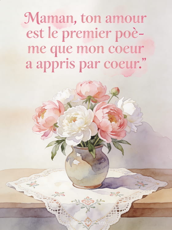 Bouquet de pivoines roses et blanches dans un vase en céramique sur nappe brodée en illustration aquarelle