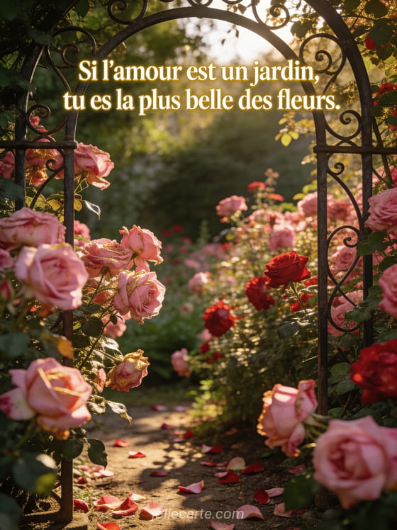 Jardin de roses anciennes roses et rouges vu à travers une arche en fer forgé dans une lumière dorée de fin d'après-midi