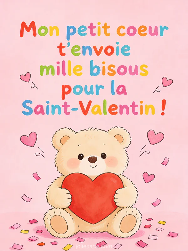 Adorable petit ourson en peluche tenant un gros cœur rouge entouré de confettis roses et de petits cœurs volants