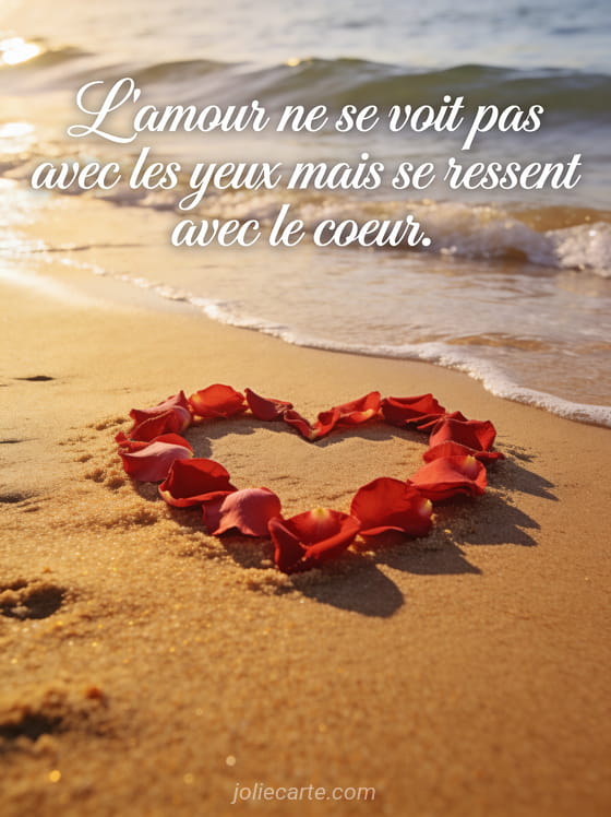 Cœur formé par des pétales de rose rouge posés sur du sable doré au bord de la mer avec vagues douces