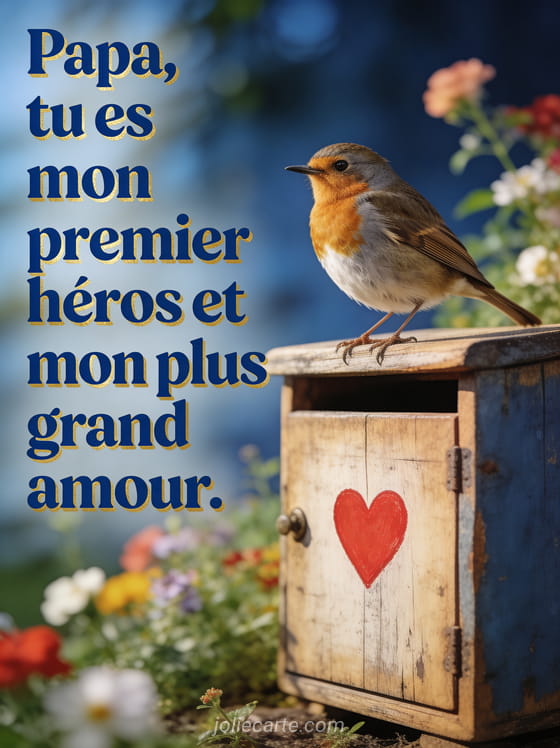 Oiseau moineau posé sur une boîte aux lettres en bois avec un petit cœur rouge peint dans un jardin fleuri en illustration douce