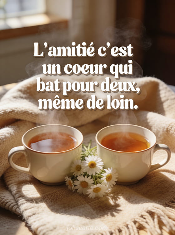 Deux tasses de thé fumantes côte à côte sur un plaid en laine beige avec un petit bouquet de marguerites