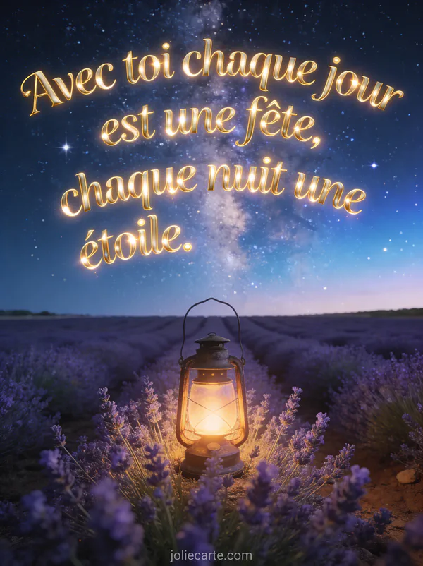 Ciel étoilé avec voie lactée au-dessus d'un champ de lavande en Provence et lanterne ancienne au premier plan