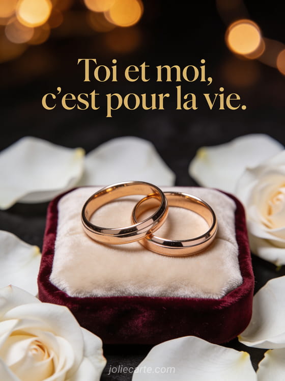 Deux alliances en or posées sur un coussin de velours bordeaux entourées de pétales de rose blanche avec bokeh doré