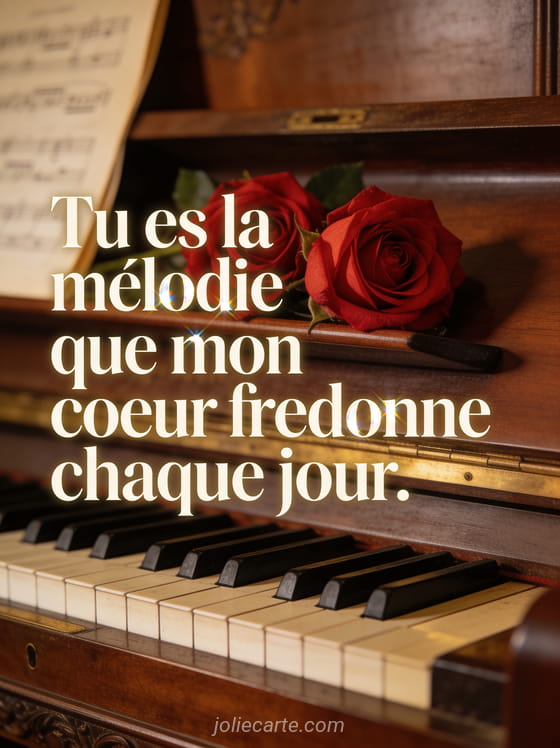 Piano à queue ancien avec des roses rouges posées sur le couvercle dans une lumière tamisée dorée avec partitions floues