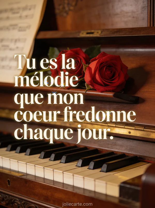 Piano à queue ancien avec des roses rouges posées sur le couvercle dans une lumière tamisée dorée avec partitions floues