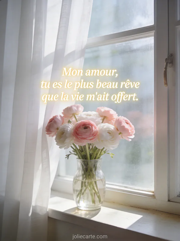 Bouquet de renoncules roses et blanches dans un vase en verre sur un rebord de fenêtre avec rideaux en voile blanc