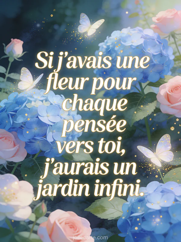 Jardin enchanté avec hortensias bleus et roses et papillons volant entre les fleurs dans une lumière féerique dorée