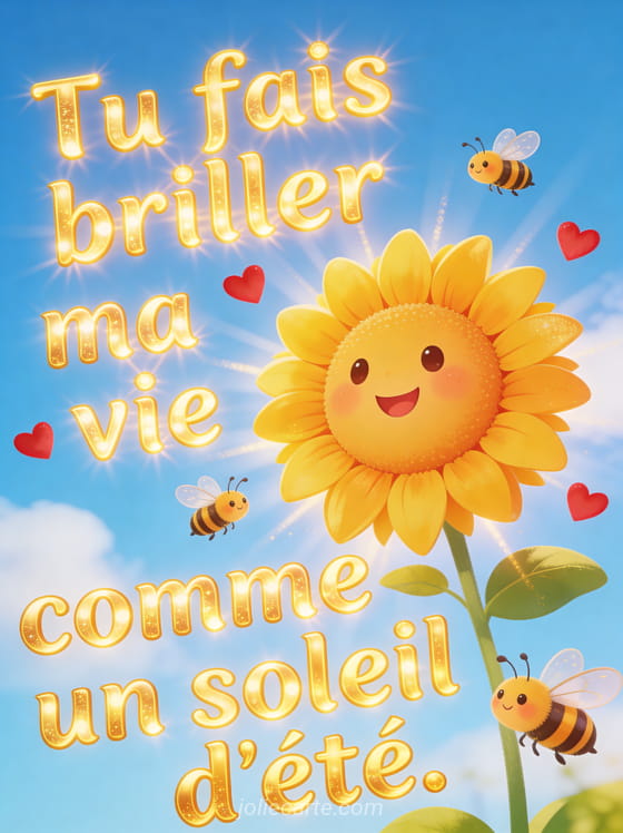 Tournesol géant sous un ciel bleu vif avec petits cœurs rouges flottants et abeilles mignonnes en illustration joyeuse