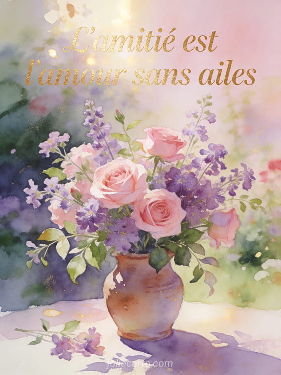 Bouquet de fleurs sauvages et roses dans un jardin aquarelle avec le texte L'amitié est l'amour sans ailes