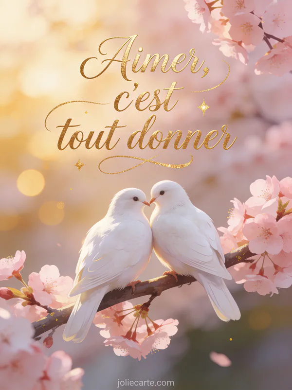 Deux colombes blanches sur une branche de cerisier en fleurs avec le texte Aimer c'est tout donner