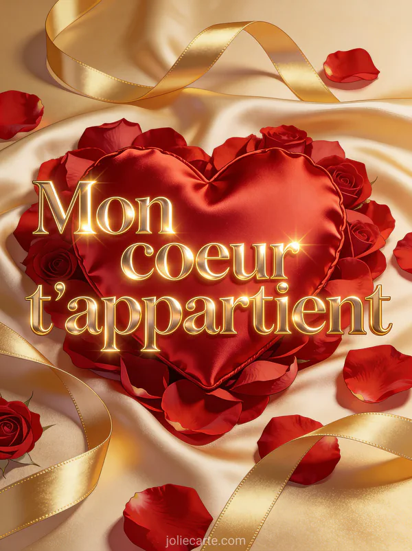 Grand cœur rouge en satin sur un lit de pétales de roses avec le texte Mon cœur t'appartient